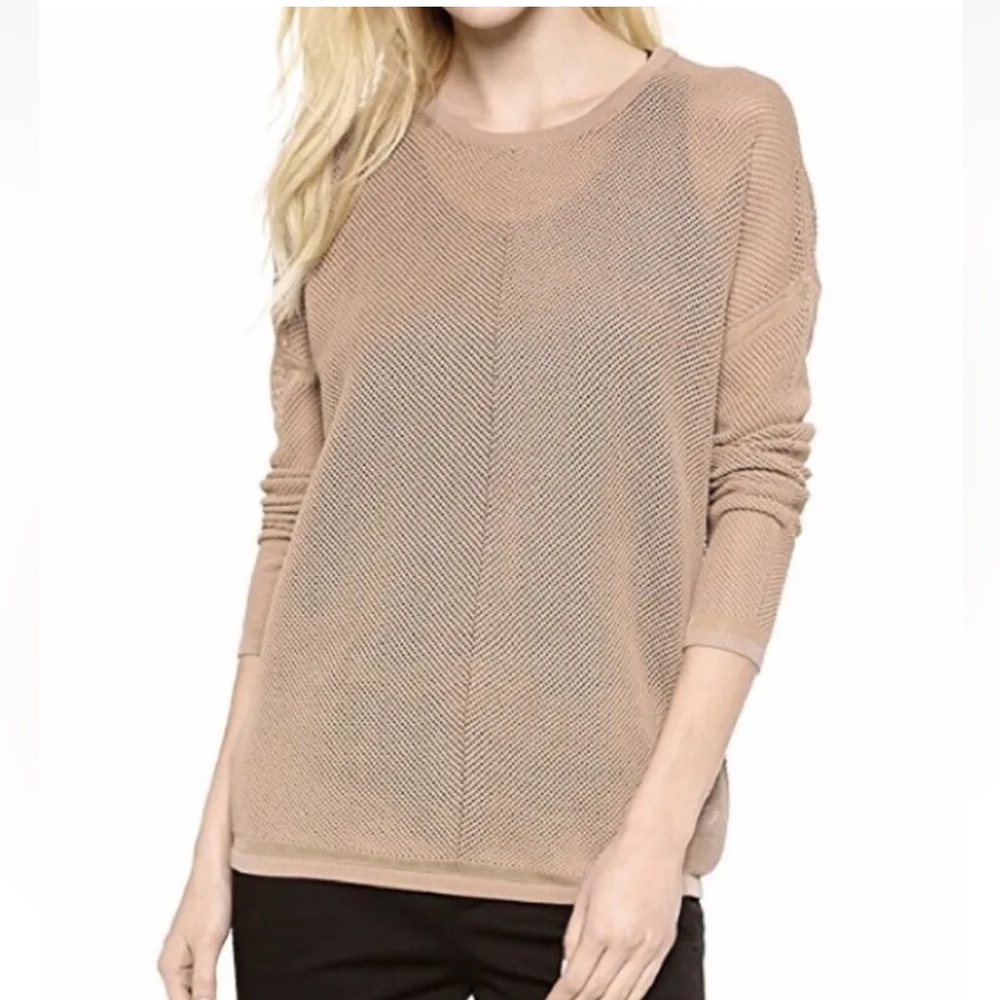 VINCE Women’s Knit Mesh Sweater Long Sleeve Nude Beige Taupe Sz L Stretchy Light
